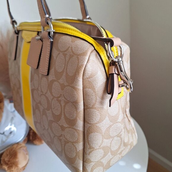 COACH Nancy SIGNATURE PVC SATCHEL Boston Bag F30662 Light Khaki /Yellow EUC - Picture 5 of 16